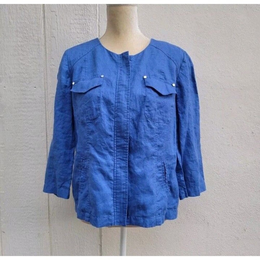 Chico's 100% linen blue zip front jacket wmns sz Med (1)